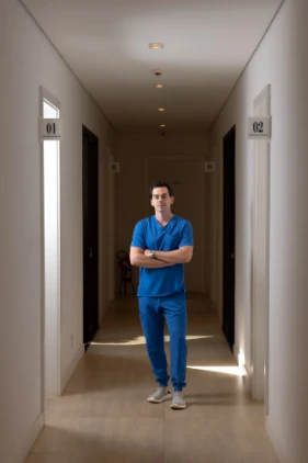 Dr. Gabriel H. Fachini no corredor das salas de atendimento